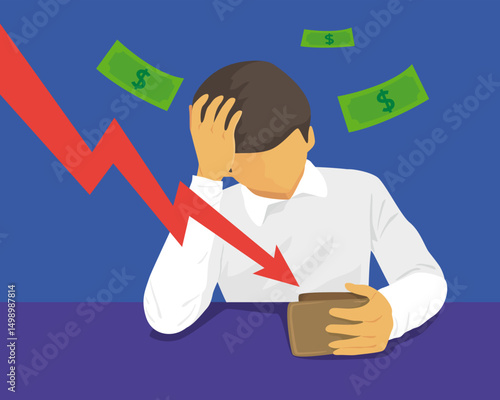 The Man With No Money On Chart Red Arrow Goes Down. Financial Crisis. Illustration Vector Cartoon.