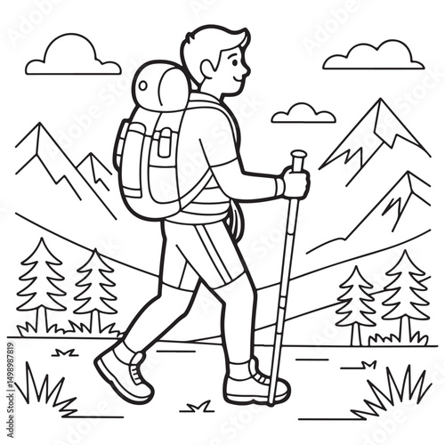 Hiker with Backpack Walking Through a Mountain Trail - Line Art for Adventure Enthusiasts