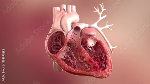 Human heart 3D animation, blood flowing through the heart, human heart anatomy diagram, pumping blood through the cardiovascular system.