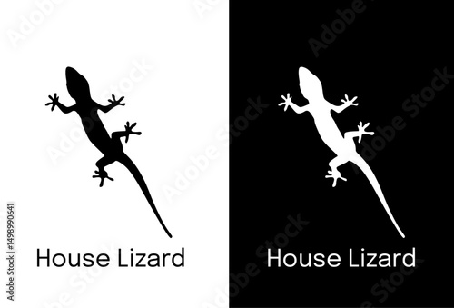 Minimalist house lizard silhouettes. Two versions, black on white and white on black, capturing a gecko-like reptile. Ideal for nature-themed logos or icons.