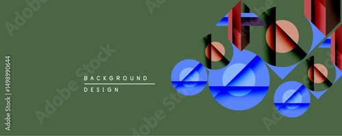 Abstract geometric composition. Overlapping shapes create depth, using blue, red, brown hues against muted green backdrop. Modern design element for backgrounds.