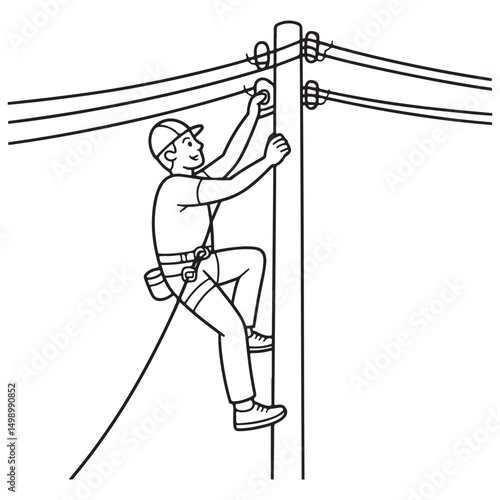 Hand-drawn illustration of a worker climbing a utility pole with safety gear