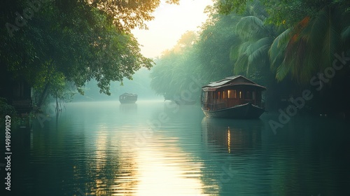 Serene backwater landscapes featuring houseboats amidst misty tropical foliage