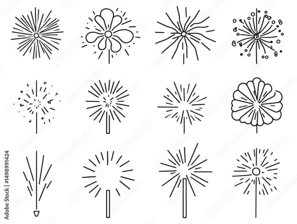 Obraz premium Detailed fireworks line art for holiday event decorations