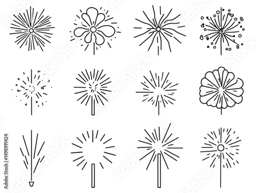 Detailed fireworks line art for holiday event decorations