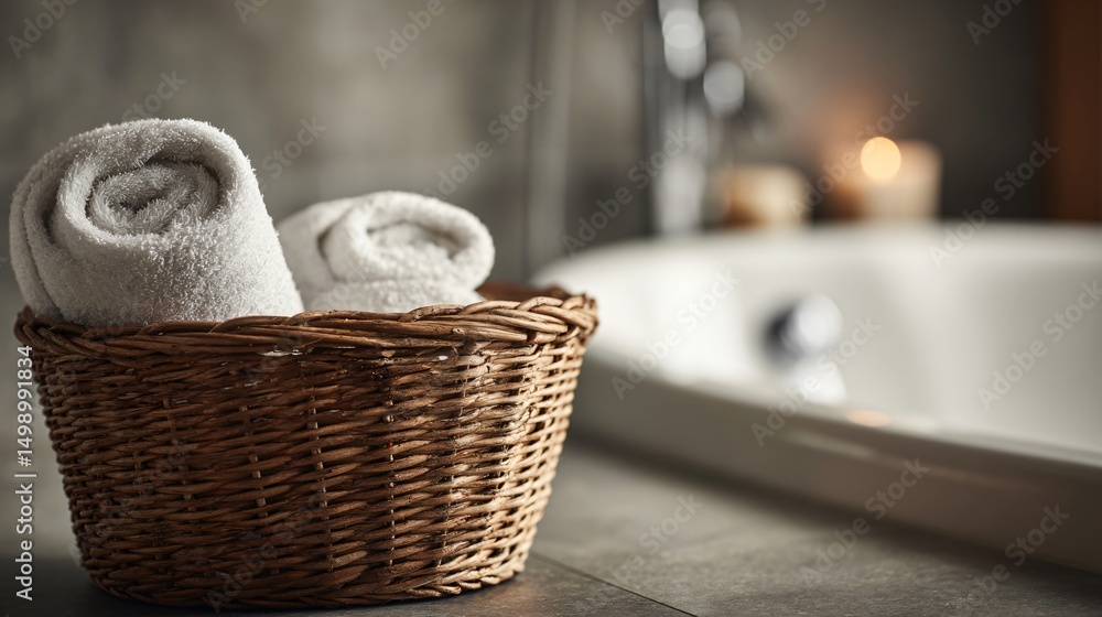 Obraz premium Wicker basket beside bathtub, rolled white towels inside, minimal spa feel