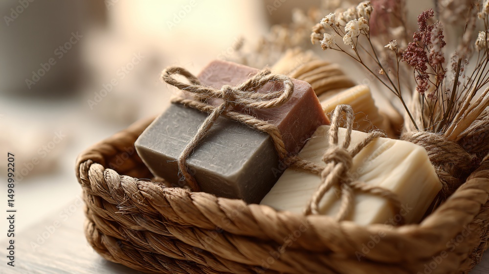 Wicker basket with plant-based soap bars and herbal twine, spa minimalism, soft backlight Wicker basket with plant-based soap bars and herbal twine, spa minimalism, soft backlight