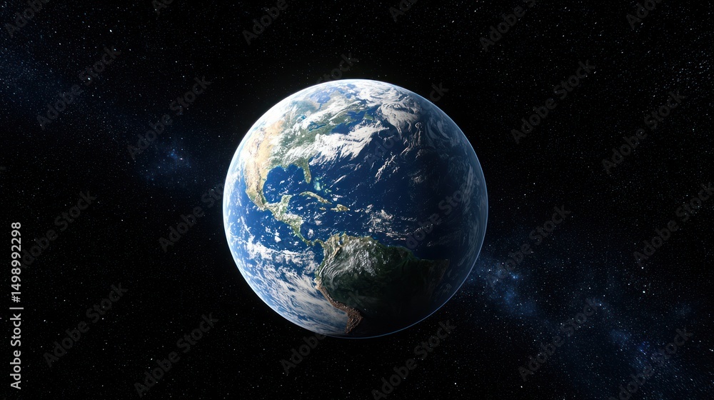 Fototapeta premium A planet Earth with a blue atmosphere and green oceans, viewed from space with a black background.
