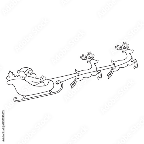 Santa Claus with Sleigh and Reindeer Flying Across the Sky - Line Art for Christmas