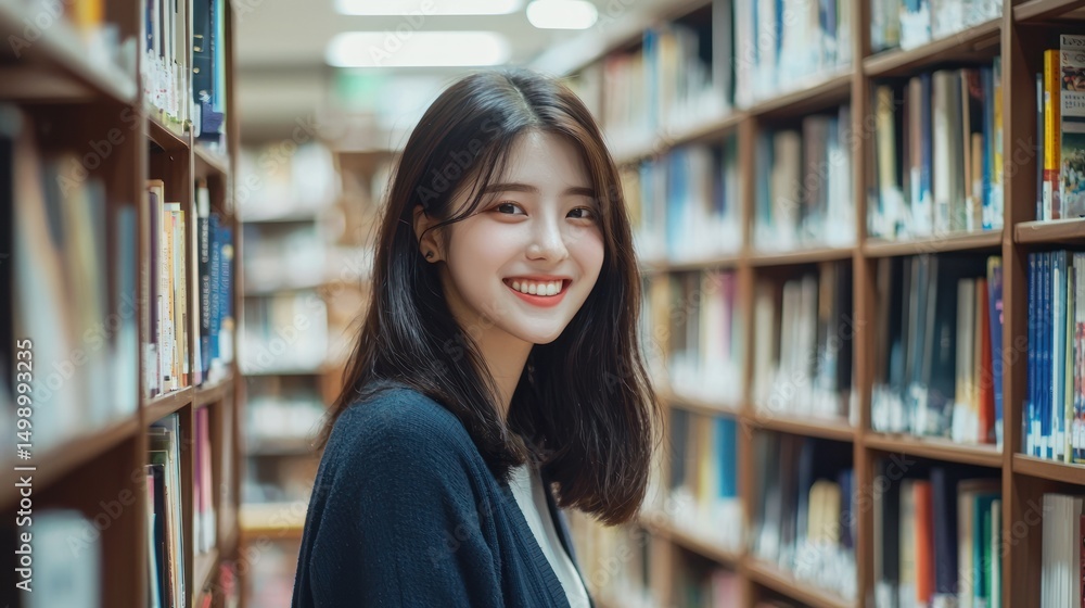 A young woman standing in a library, smiling and looking at the camera. A young woman standing in a library, smiling and looking at the camera.