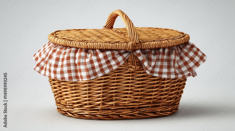 Wicker picnic basket with closed lid, checkered cloth peeking out, isolated cream background Wicker picnic basket with closed lid, checkered cloth peeking out, isolated cream background
