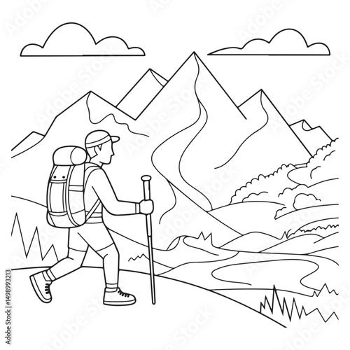 Hand-drawn illustration of a hiker walking on a mountain trail with backpack and trekking poles
