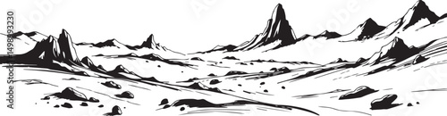 Fantastic landscape on a distant planet, mountains, planets, wastelands, futurism. Hand drawn vector illustration