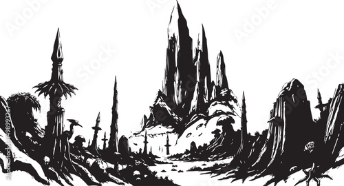 Fantastic landscape on a distant planet, mountains, planets, wastelands, futurism. Hand drawn vector illustration