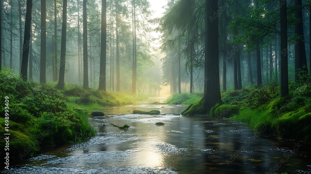 Obraz premium Serene forest scene with a misty river flowing through tall trees and lush greenery.