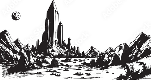 Fantastic landscape on a distant planet, mountains, planets, wastelands, futurism. Hand drawn vector illustration