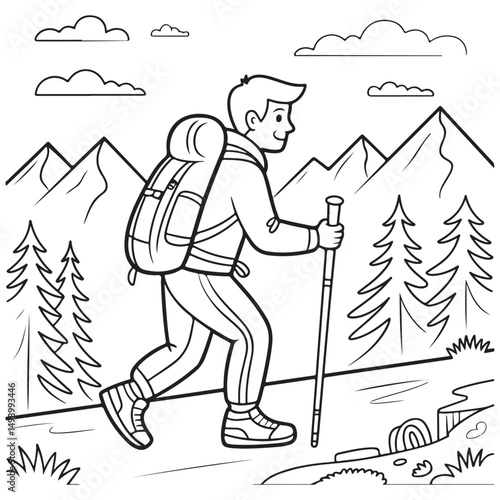 Hand-drawn illustration of a hiker walking on a mountain trail with backpack and trekking poles