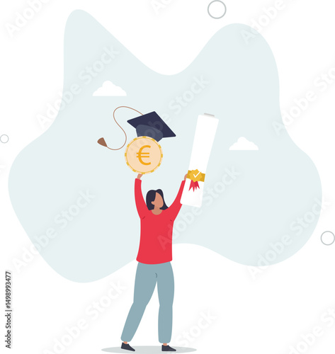 Education cost, tuition or scholarship, money for university or graduation, school expense or student debt, college diploma concept, character life .