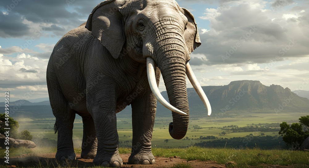 Fototapeta premium Majestic elephant stands tall on the African savanna under a cloudy sky