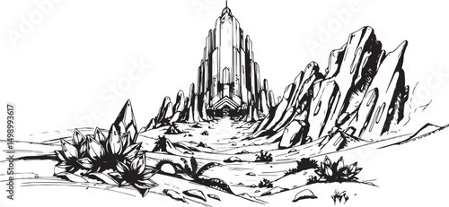 Fantastic landscape on a distant planet, mountains, planets, wastelands, futurism. Hand drawn vector illustration