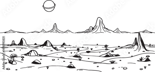 Fantastic landscape on a distant planet, mountains, planets, wastelands, futurism. Hand drawn vector illustration