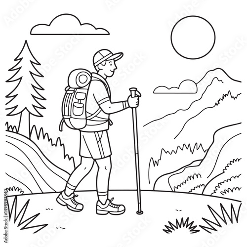 Hand-drawn illustration of a hiker walking on a mountain trail with backpack and trekking poles