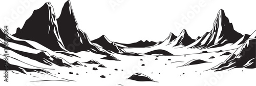 Fantastic landscape on a distant planet, mountains, planets, wastelands, futurism. Hand drawn vector illustration