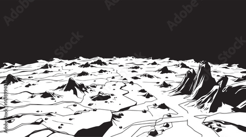 Fantastic landscape on a distant planet, mountains, planets, wastelands, futurism. Hand drawn vector illustration