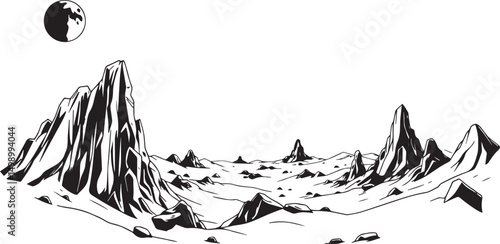 Fantastic landscape on a distant planet, mountains, planets, wastelands, futurism. Hand drawn vector illustration
