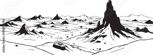 Fantastic landscape on a distant planet, mountains, planets, wastelands, futurism. Hand drawn vector illustration