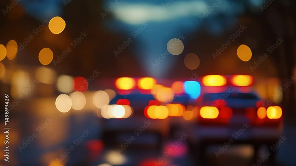 Blurry Police Cars Flashing Lights in Bokeh 4K UHD Video for Dramatic Emergency Scene Background Blurry Police Cars Flashing Lights in Bokeh 4K UHD Video for Dramatic Emergency Scene Background