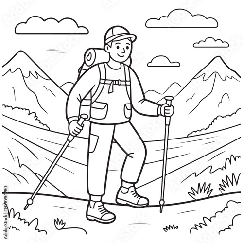 Hand-drawn illustration of a hiker walking on a mountain trail with backpack and trekking poles
