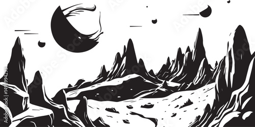 Fantastic landscape on a distant planet, mountains, planets, wastelands, futurism. Hand drawn vector illustration