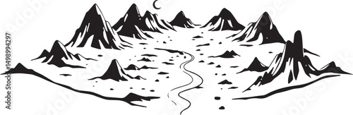 Fantastic landscape on a distant planet, mountains, planets, wastelands, futurism. Hand drawn vector illustration