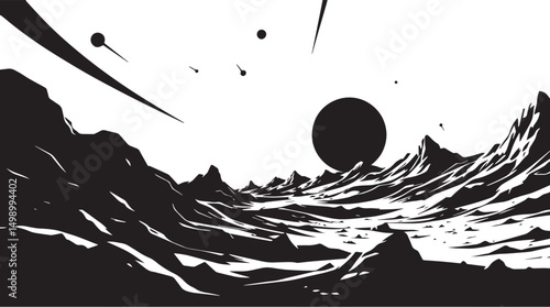 Fantastic landscape on a distant planet, mountains, planets, wastelands, futurism. Hand drawn vector illustration