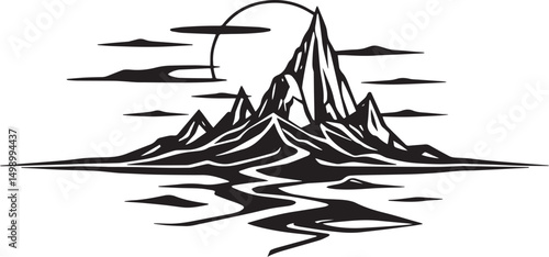 Fantastic landscape on a distant planet, mountains, planets, wastelands, futurism. Hand drawn vector illustration