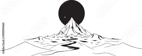 Fantastic landscape on a distant planet, mountains, planets, wastelands, futurism. Hand drawn vector illustration