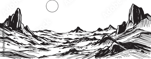 Fantastic landscape on a distant planet, mountains, planets, wastelands, futurism. Hand drawn vector illustration
