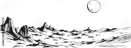 Fantastic landscape on a distant planet, mountains, planets, wastelands, futurism. Hand drawn vector illustration