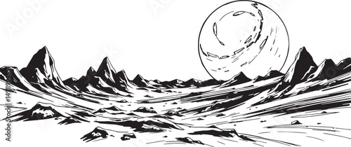 Fantastic landscape on a distant planet, mountains, planets, wastelands, futurism. Hand drawn vector illustration
