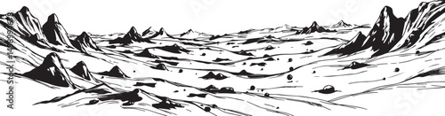 Fantastic landscape on a distant planet, mountains, planets, wastelands, futurism. Hand drawn vector illustration