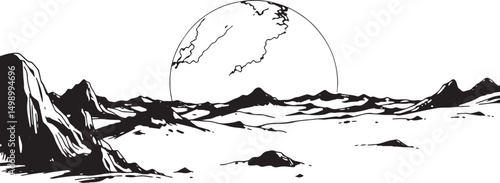 Fantastic landscape on a distant planet, mountains, planets, wastelands, futurism. Hand drawn vector illustration