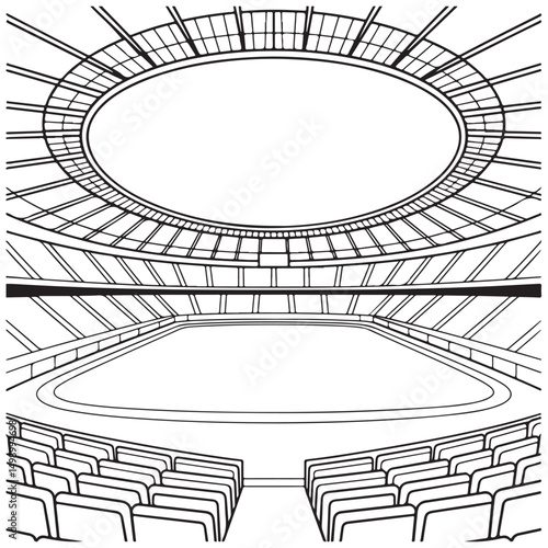 Stadium Arena View with Seats and Field - Line Art Drawing for Sports Fans