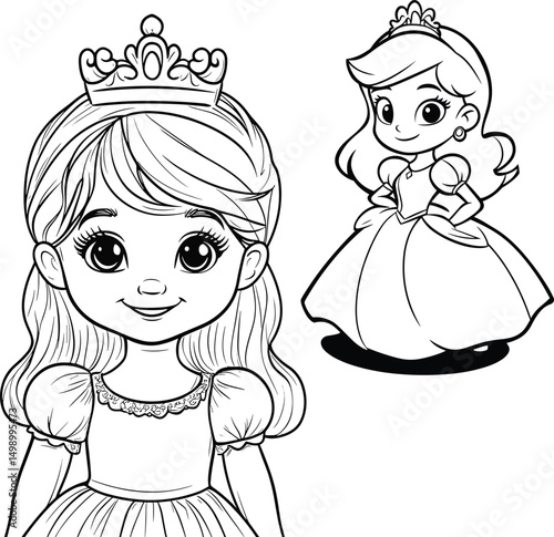 Black and White Illustration of Baby Princess, Beautiful Little Girl
