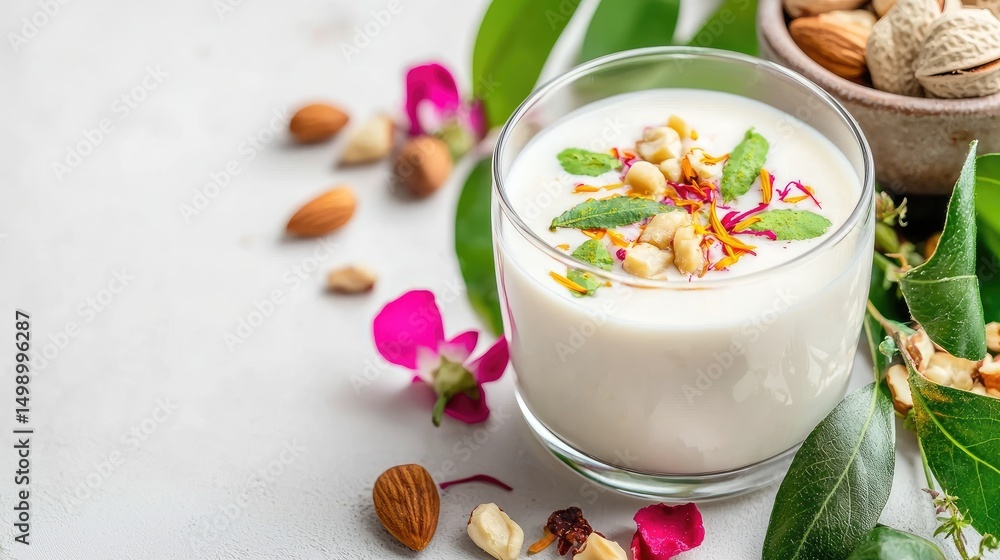Fresh Yogurt Dessert with Nuts and Flower Petals on Light Background Fresh Yogurt Dessert with Nuts and Flower Petals on Light Background