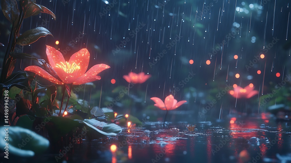 A serene scene of glowing flowers in a rain-soaked environment, creating a tranquil atmosphere. A serene scene of glowing flowers in a rain-soaked environment, creating a tranquil atmosphere.