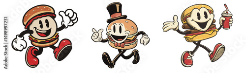 vintage retro style burger cartoon mascot character with expressive faces and gestures