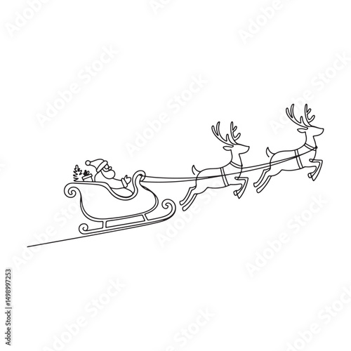 Hand-drawn illustration of Santa Claus with reindeer pulling a sleigh