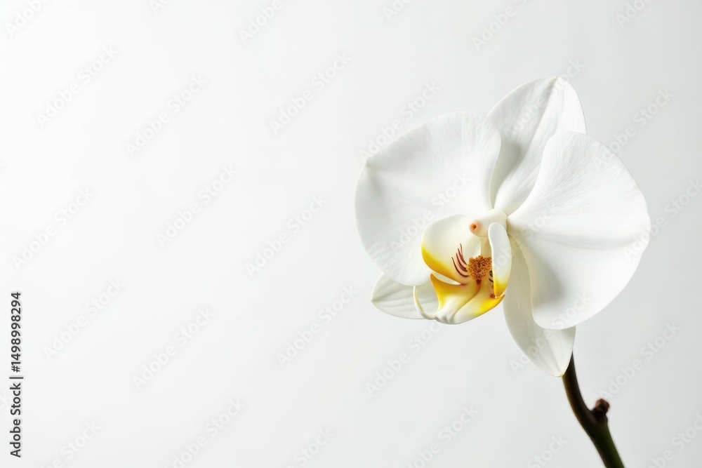 Naklejka premium Delicate white orchid blossom against pure white backdrop, macro, design, soft