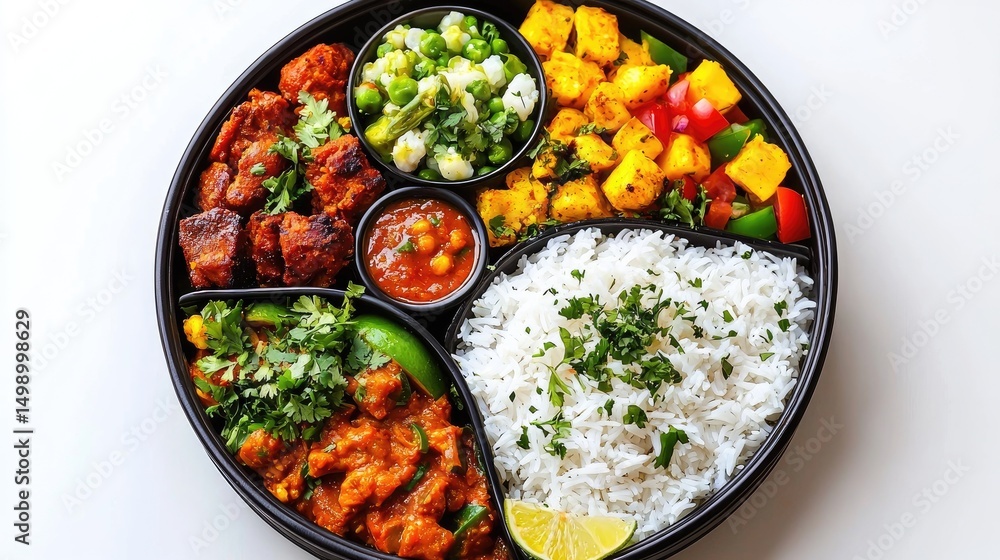 Colorful Indian Meal with Rice, Vegetables, and Spicy Chicken Dish Colorful Indian Meal with Rice, Vegetables, and Spicy Chicken Dish
